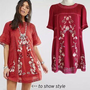 Victorian Style Artsy Boho Embroidered Red Swing Mini Dress Victorian Size M